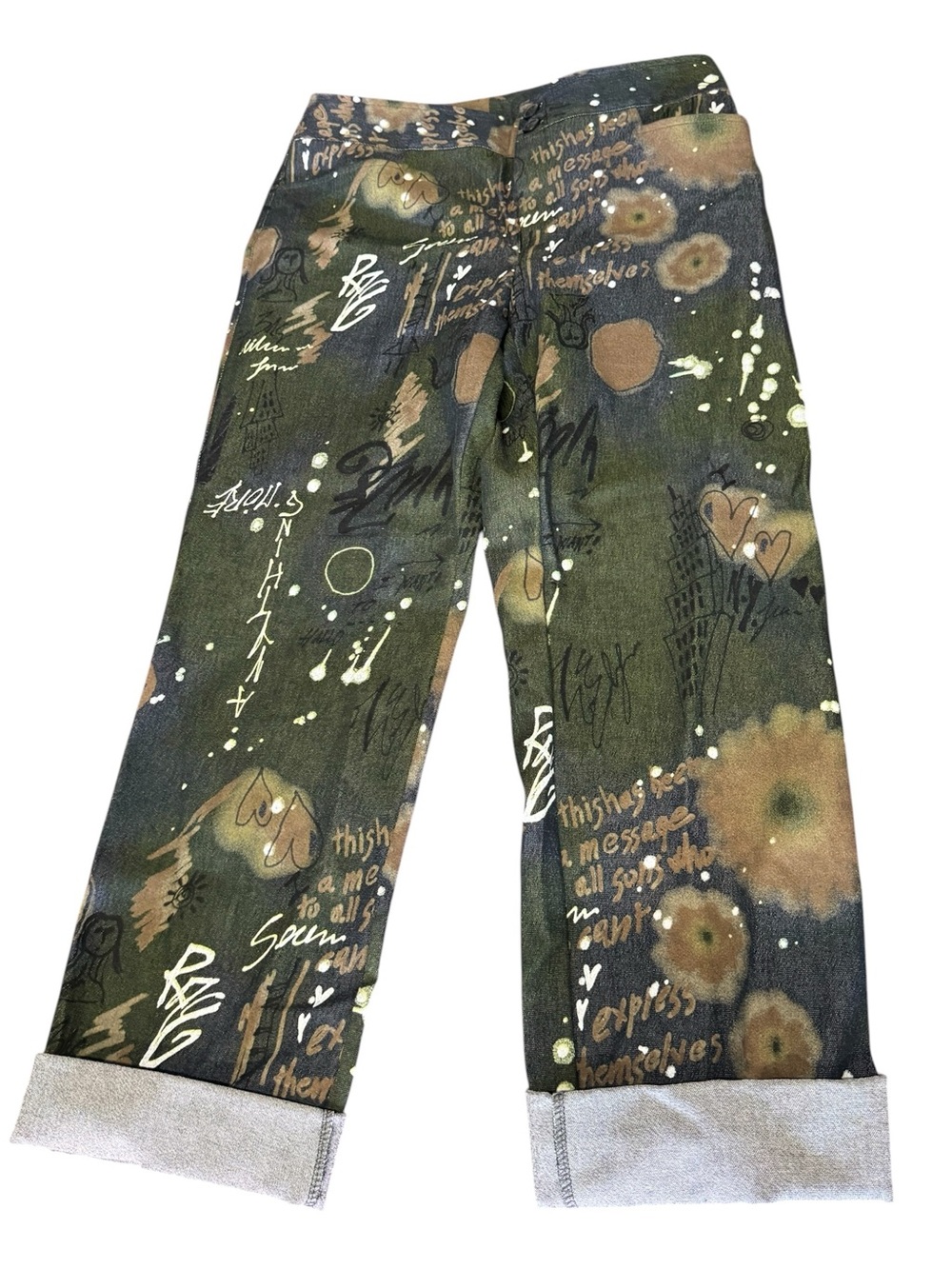 Graphic Graffiti Wide-Leg Women's Pants Olive & Brown Print SEE MEASUREMENTS